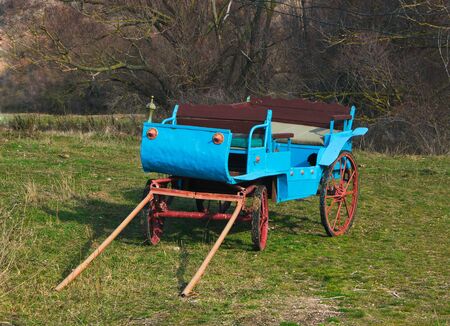 deserted cart on grass against forestのeditorial素材