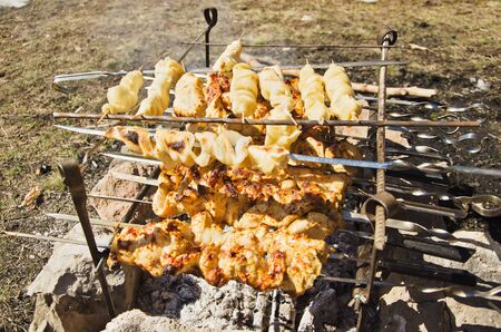 barbecue among snow in spring picnicの写真素材