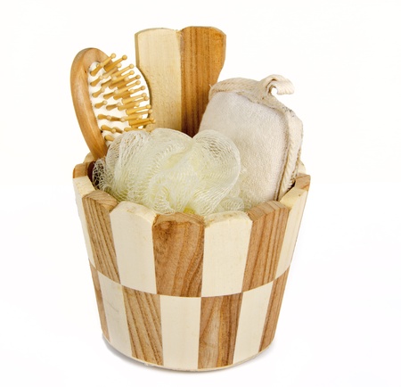 sauna accessories on white backgroundの写真素材