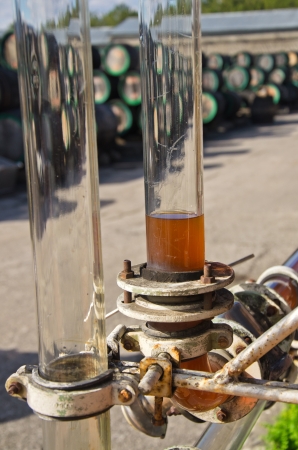 glass tube with wine and barrels at wineryの写真素材