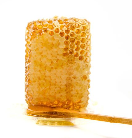 honeycomb with wooden spoon on white backgroundの写真素材