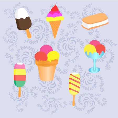 set of icecreams on floral patternのイラスト素材