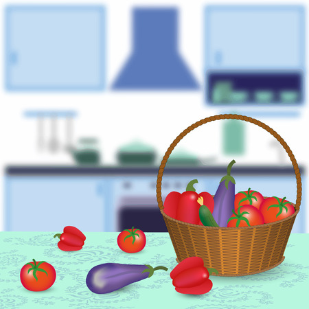 kitchen interior with vegetables on tableのイラスト素材