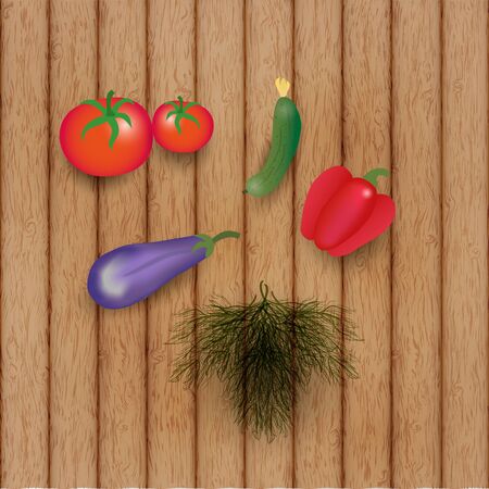fresh vegetables and greens on the wooden tableのイラスト素材