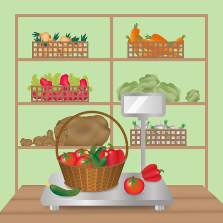 set of vegetables with weighing-machineのイラスト素材