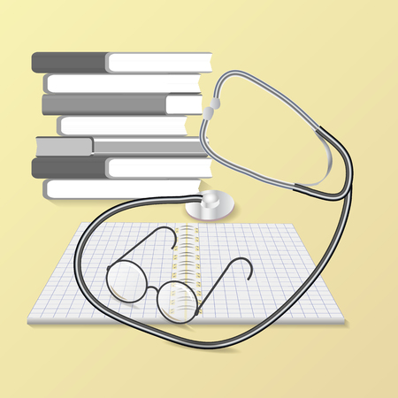 glasses with stethoscope and stack of books to study medicineのイラスト素材