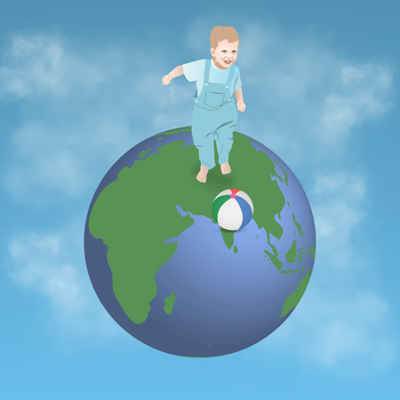 running boy with ball on globe on a sky backgroundのイラスト素材