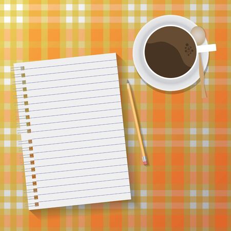vector home workspace with notebook and coffee on checkered tableclothのイラスト素材