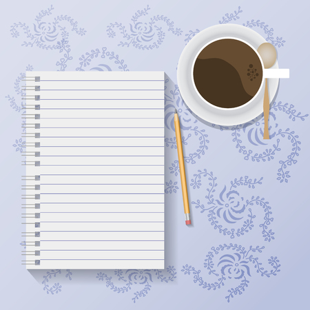 vector home workspace with notebook and coffee on tableclothのイラスト素材