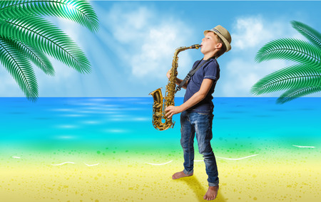 Teen playing saxophone in beachの写真素材