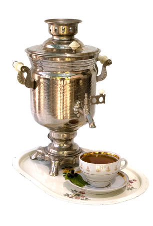 metal samovar against white backgroundの写真素材