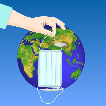 hand holds surgical mask on Earth background. Protection conceptのイラスト素材