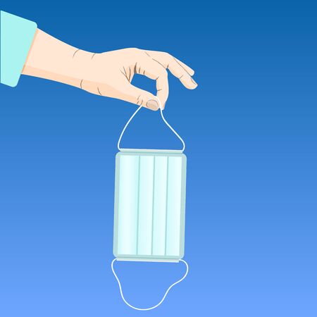 hand holds a medical mask on a blue background. Protection conceptのイラスト素材