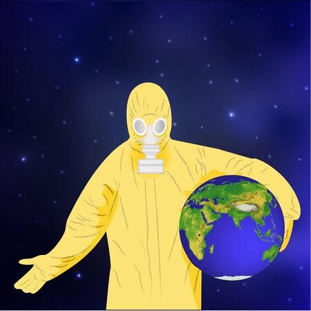 corona virus concept. man in protective suit holds a planet in his handsの写真素材