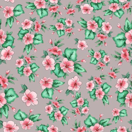floral seamless wallpaper pattern on gray backgroundの写真素材