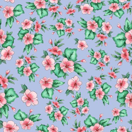 floral seamless wallpaper pattern on blue backgroundの写真素材
