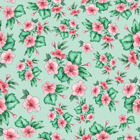 floral seamless wallpaper pattern on green backgroundの写真素材