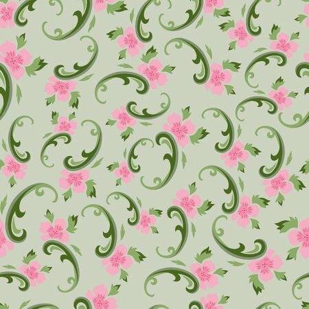 retro style floral seamless pattern on green backgroundのイラスト素材