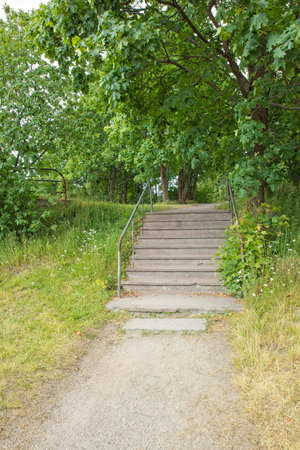 Old stone stairs in park in summer.