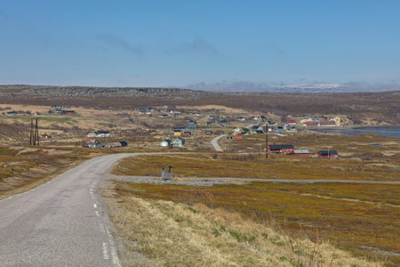 View form Stuorraavuonna road looking at town of Karlebotn in summer with clouds in the sky, Stuorravuonna, Norway.の写真素材