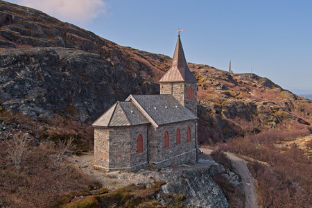 Kong Oscar II Chapel (capel) in sunny spring weather near the Russian border, Grense Jakobselv, Norway.の写真素材