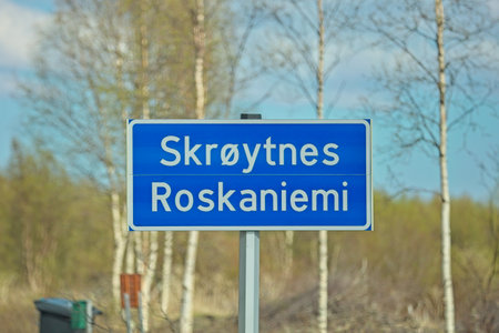 Roadside village sign of Roskaniemi - Skroytnes, Norway.の写真素材