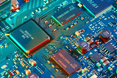 Electronic circuit board close up.