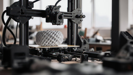 Close-up view of a 3D printer in action, meticulously building a complex, lattice-like structure on its platform. The workshop environment suggests a space for innovation and creation.の素材