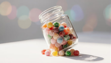 A tilted glass jar spills a cascade of vibrant, multicolored round candies onto a clean white surface. The background features soft, out-of-focus bokeh lights, creating a cheerful mood.の素材