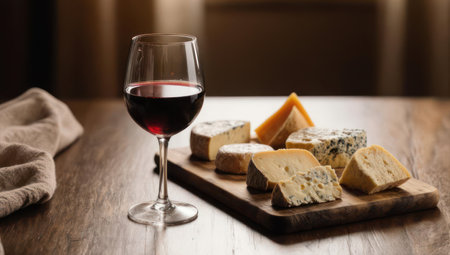 A selection of artisanal cheeses served on a rustic wooden board, paired with a glass of red wine, creating an elegant appetizer setting.の素材