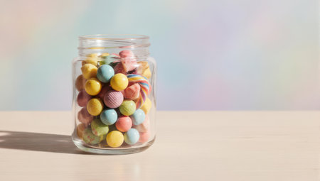A clear glass jar filled with an assortment of vibrant, pastel-colored candies sits on a light-colored table, casting a shadow. The background is a soft, blurred gradient, providing ample copy space.の素材