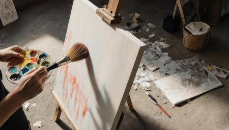 Close up of an artists hands holding a watercolor palette and brush, applying paint to a canvas on an easel in a creative studio setting.の素材