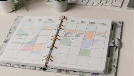 A close-up shot of an open planner with colorful sticky notes and pens, suggesting organization and productivity.の素材