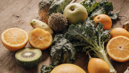 A vibrant collection of healthy fruits and leafy greens artfully arranged on a weathered wooden table, showcasing natural goodness and freshness.の素材