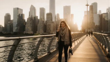 A woman walks on a pedestrian bridge with a city skyline in the background during a beautiful sunset.の素材