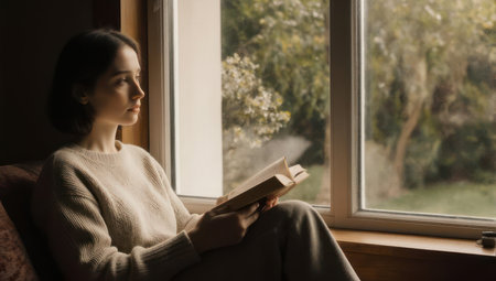 A young woman sits comfortably by a window, engrossed in a book, with soft natural light illuminating the scene.の素材