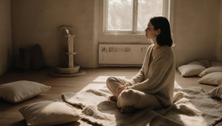 A woman sits in a cross-legged meditation pose on a mat in a room bathed in warm sunlight, with cushions scattered around her.の素材