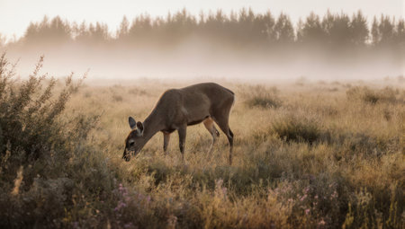 A lone mule deer peacefully grazes in a sun-dappled meadow, shrouded in a soft morning mist, with a forest line in the background.の素材