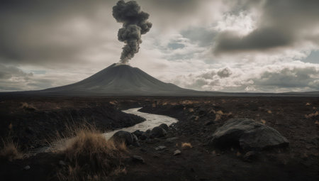 A powerful volcano erupts spewing ash and smoke into a dark, cloudy sky. A river of lava flows through the barren, rocky landscape.の素材