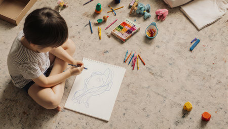 A young child sits on the floor, engrossed in drawing on a piece of paper, surrounded by colorful art supplies like crayons and markers.の素材