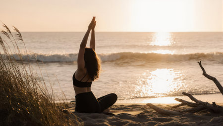 Silhouette of a woman in a yoga pose with hands raised meditating on a sandy beach during a beautiful sunrise over the ocean.の素材
