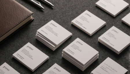 Neatly arranged stacks of light-colored business cards on a dark textured desk, accompanied by a brown notebook and silver pens, symbolizing corporate identity and professional networking.の素材