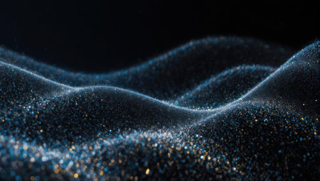 A mesmerizing abstract visual featuring undulating waves formed by countless tiny glowing particles against a deep black backdrop.の素材