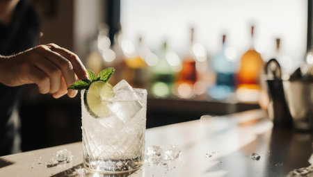 A close-up shot of a bartenders hands carefully adding a lime slice and mint sprig to a chilled cocktail filled with ice cubes.の素材