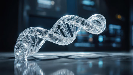 A stunning 3D render of a transparent, crystalline DNA double helix, illuminated and floating in a dark, futuristic setting with digital interfaces.の素材