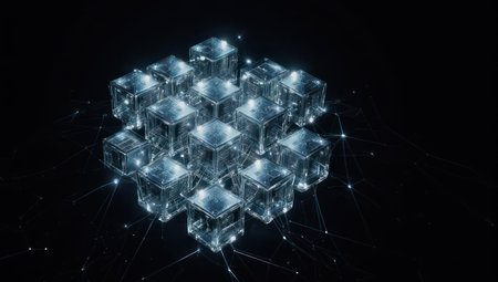 A mesmerizing abstract composition featuring a cluster of translucent crystal cubes arranged in a geometric pattern, emitting a soft, ethereal glow against a deep black backdrop.の素材