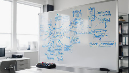 A whiteboard filled with a complex business strategy diagram and flow chart, suggesting planning and problem solving in an office environment.の素材