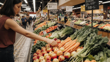 A woman selects fresh apples from a vibrant display of fruits and vegetables in a brightly lit supermarket aisle, focusing on healthy eating and grocery shopping.の素材