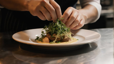 A close-up shot of a chef meticulously adding fresh green herbs to a beautifully plated dish, showcasing culinary artistry.の素材