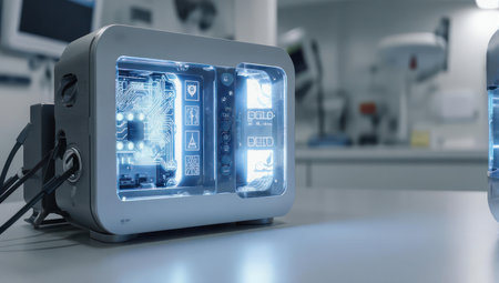 A close-up of a modern medical device featuring illuminated blue circuitry and internal components, set against a blurred laboratory background.の素材
